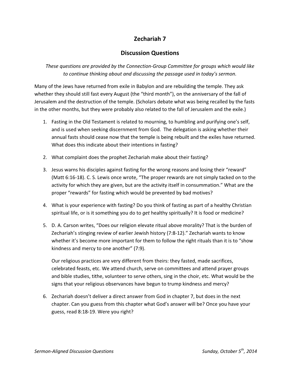 Zechariah 7 Discussion Questions