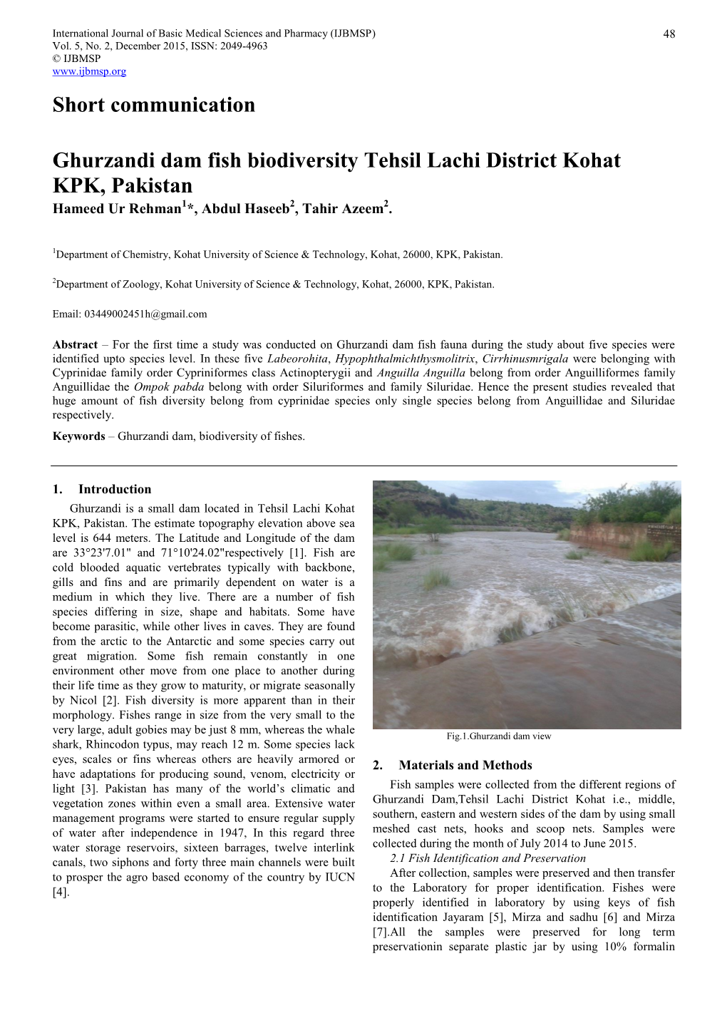 Short Communication Ghurzandi Dam Fish Biodiversity Tehsil Lachi District Kohat KPK, Pakistan