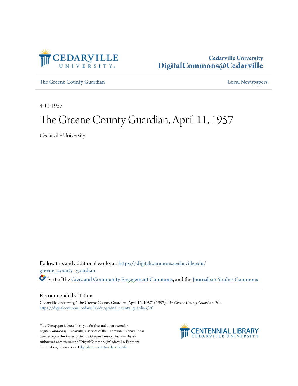 The Greene County Guardian, April 11, 1957 Cedarville University