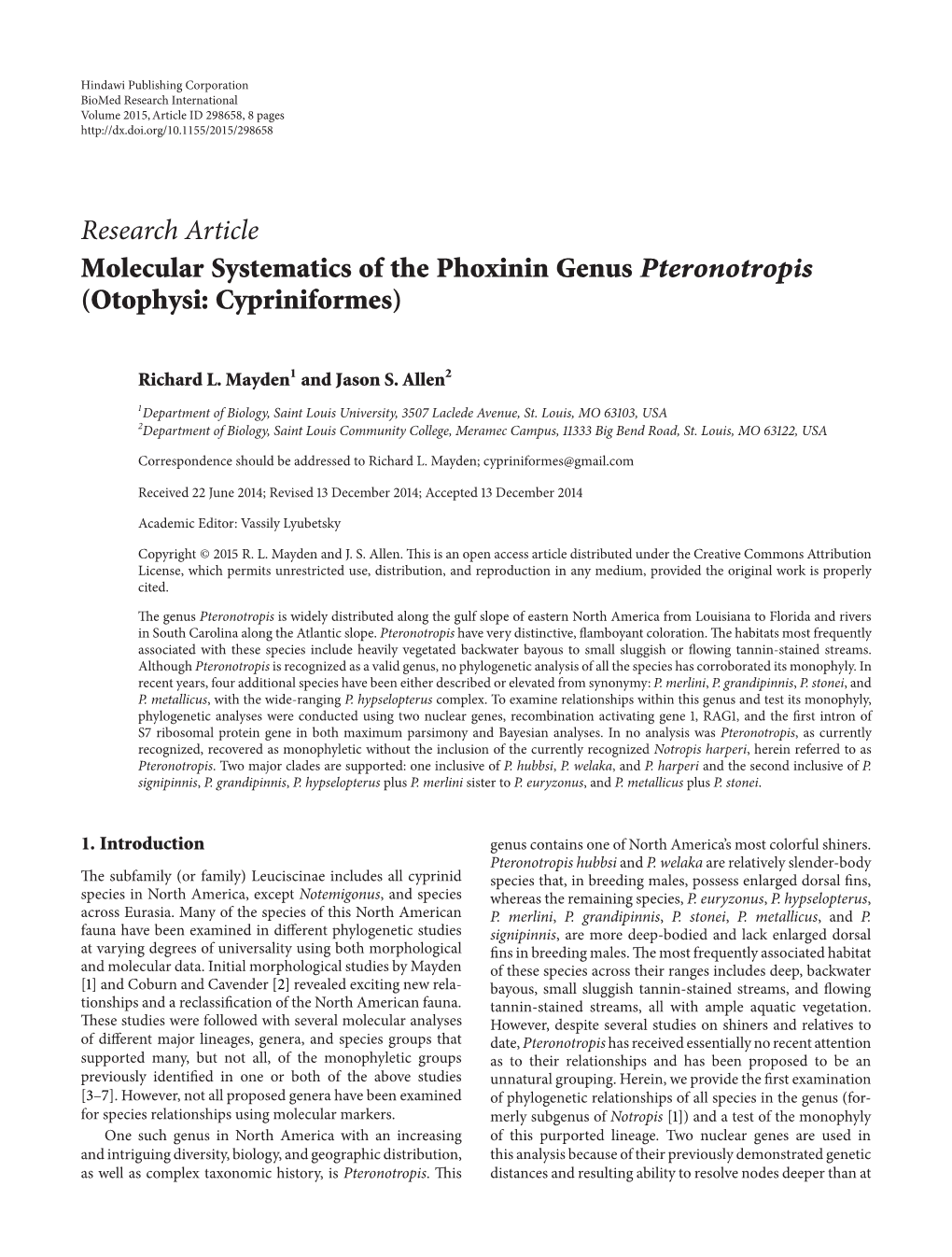 Molecular Systematics of the Phoxinin Genus Pteronotropis (Otophysi: Cypriniformes)