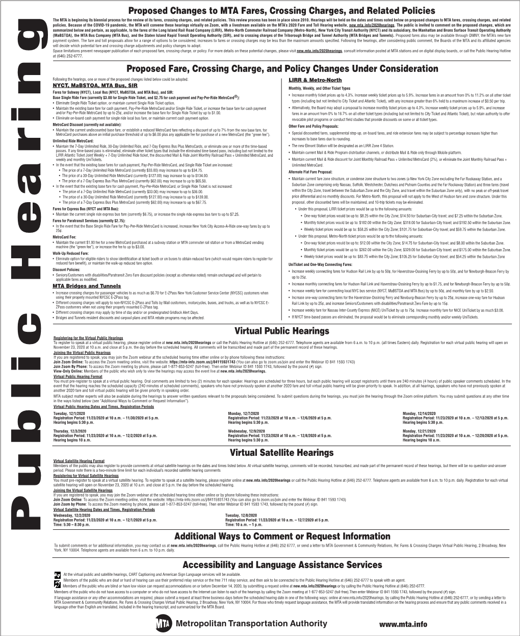 Proposed Changes to MTA Fares, Crossing Charges, and Related