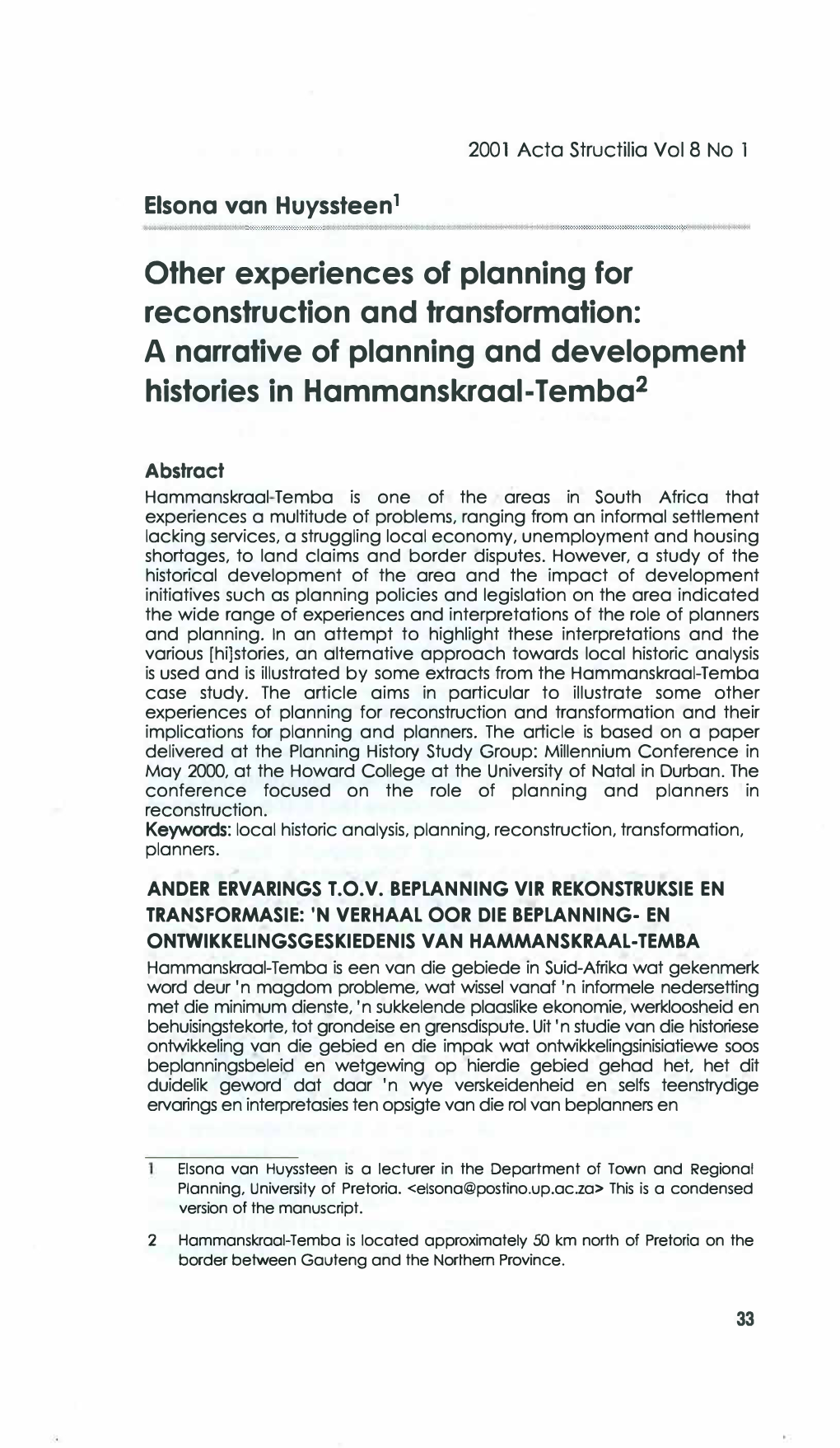 A Narrative of Planning and Development Histories in Hammanskraal-Temba2
