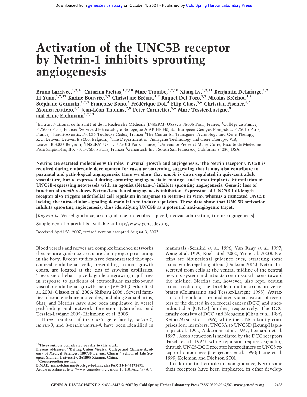 Activation of the UNC5B Receptor by Netrin-1 Inhibits Sprouting Angiogenesis