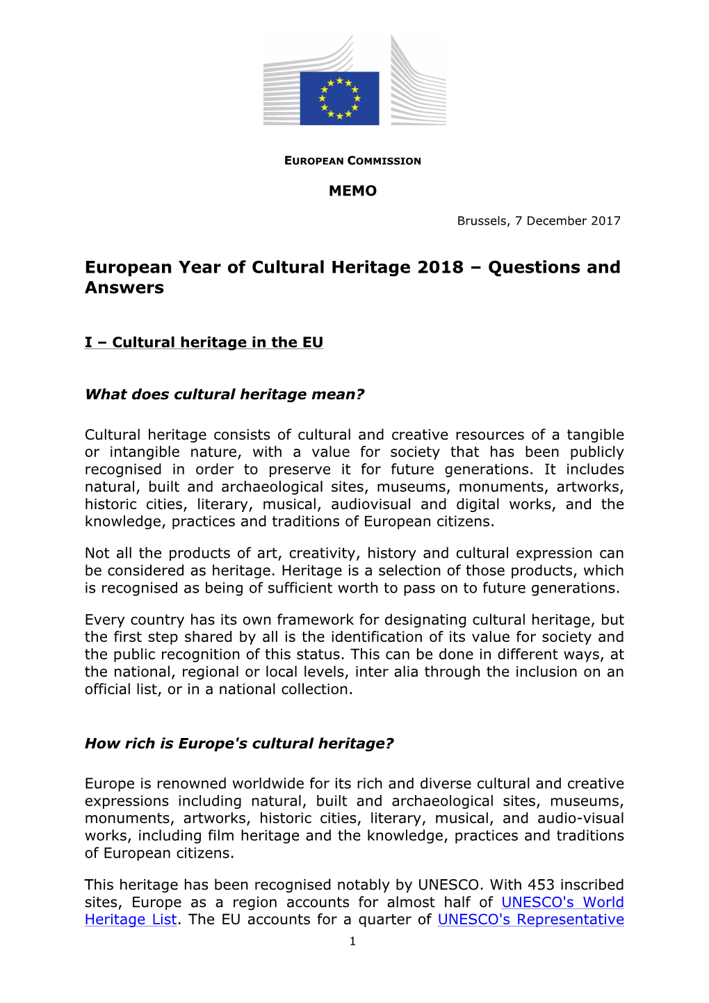 European Year of Cultural Heritage 2018 – Questions and Answers