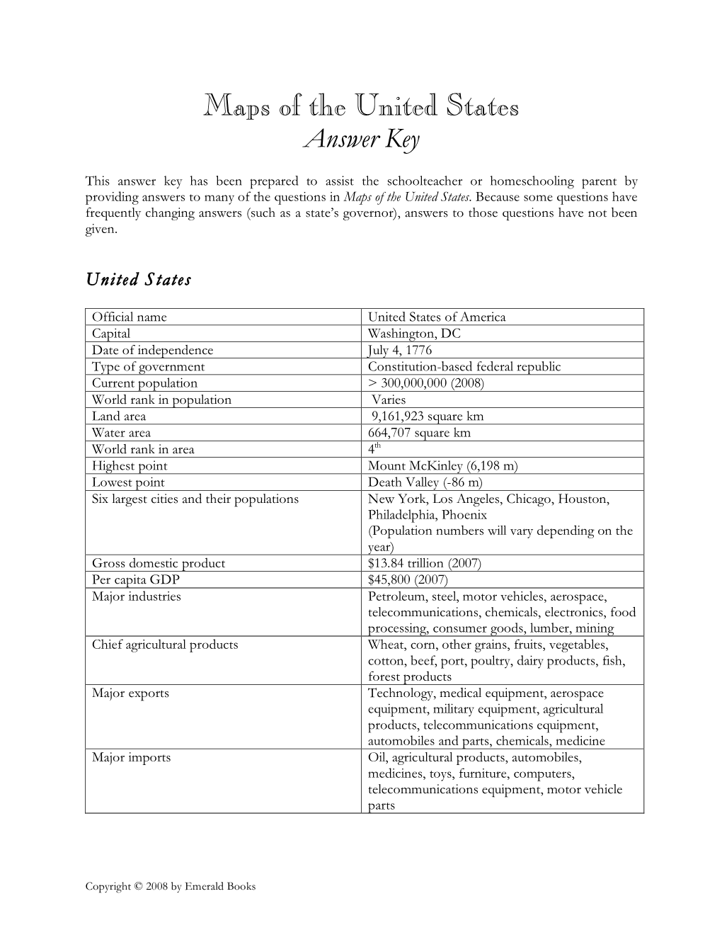 Maps of the United States Answer Key