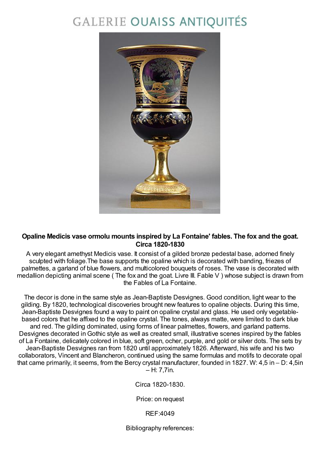 Opaline Medicis Vase Ormolu Mounts Inspired by La Fontaine' Fables. the Fox and the Goat