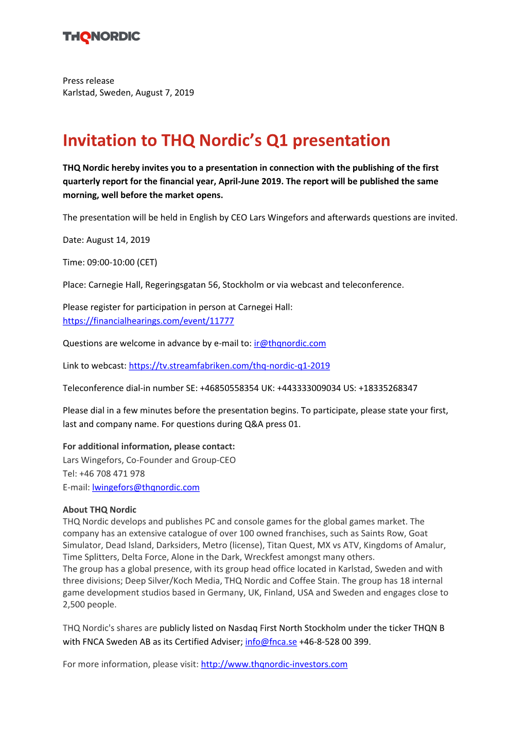 Invitation to THQ Nordic's Q1 Presentation