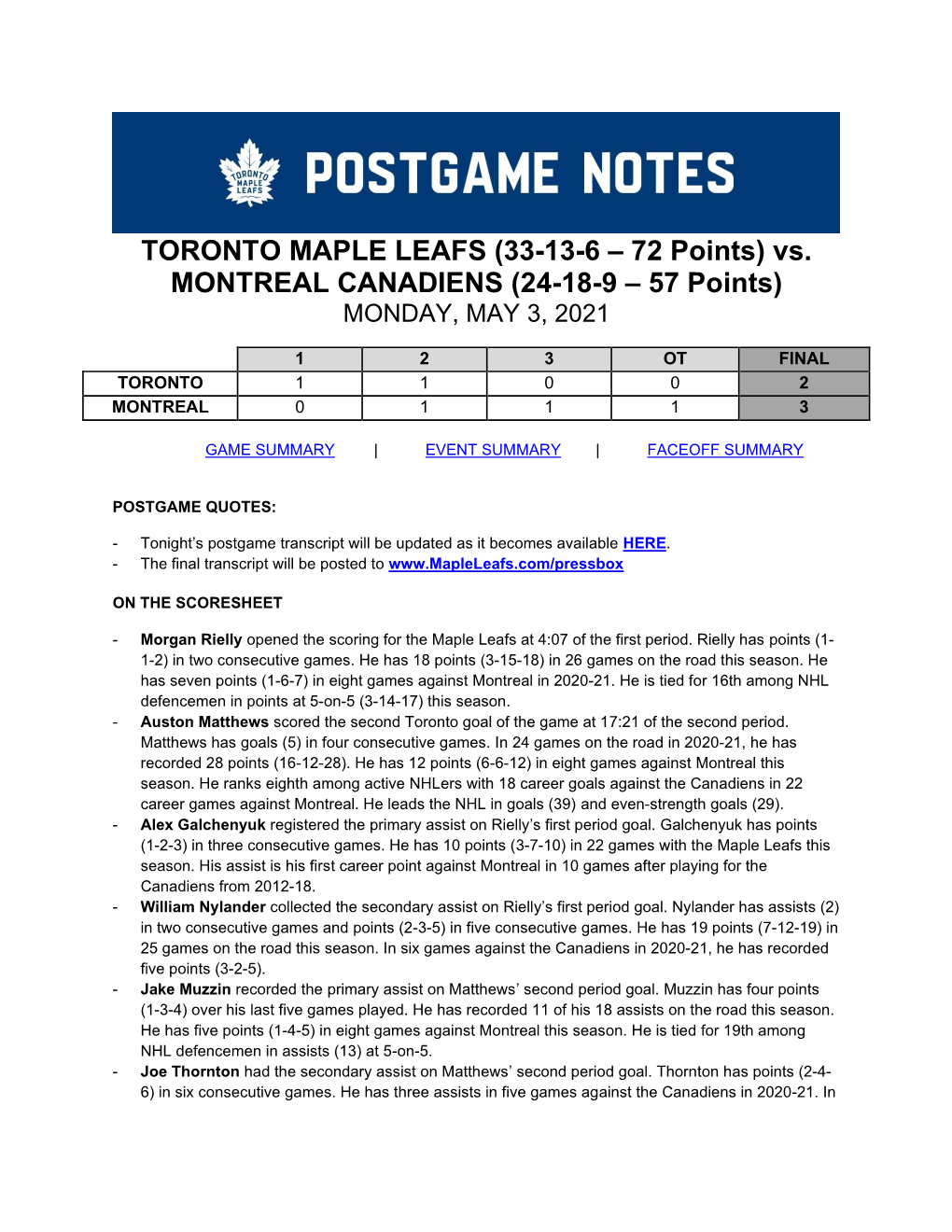 TORONTO MAPLE LEAFS (33-13-6 – 72 Points) Vs. MONTREAL CANADIENS (24-18-9 – 57 Points) MONDAY, MAY 3, 2021