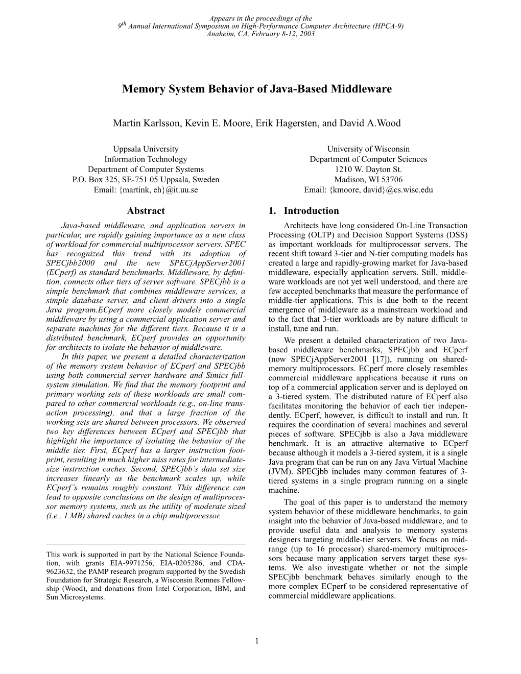 Memory System Behavior of Java-Based Middleware