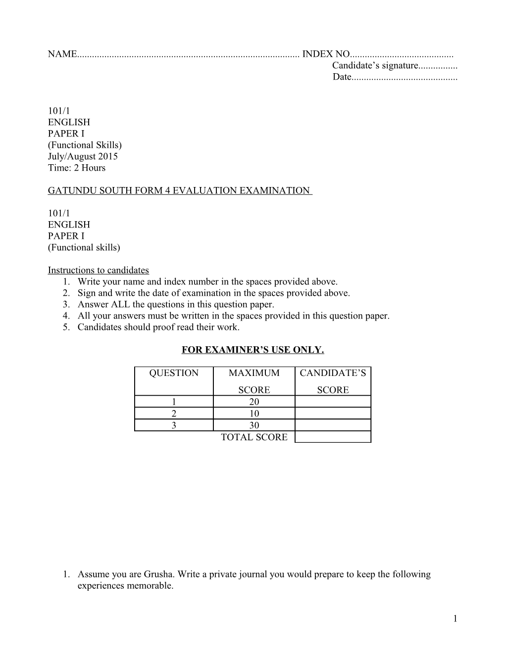 Gatundu South Form 4 Evaluation Examination