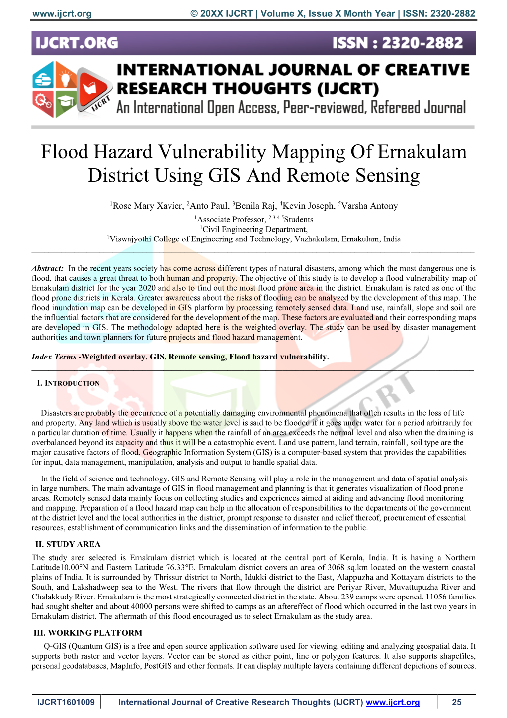 Flood Hazard Vulnerability Mapping of Ernakulam District Using GIS and Remote Sensing