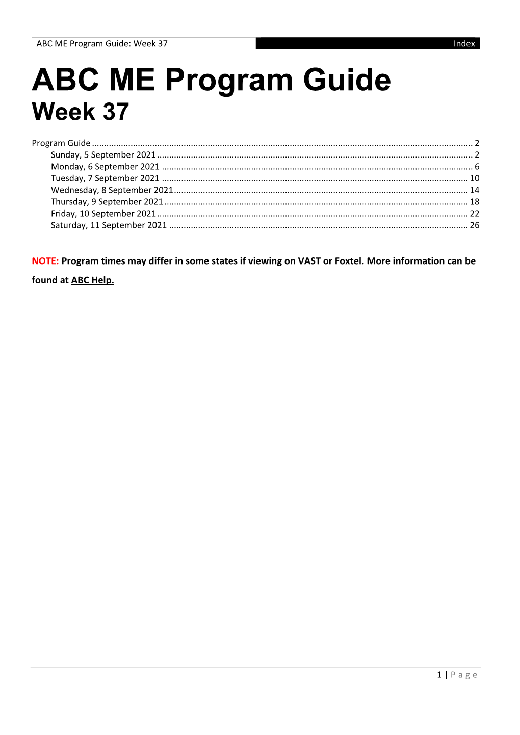 ABC ME Program Guide: Week 37 Index