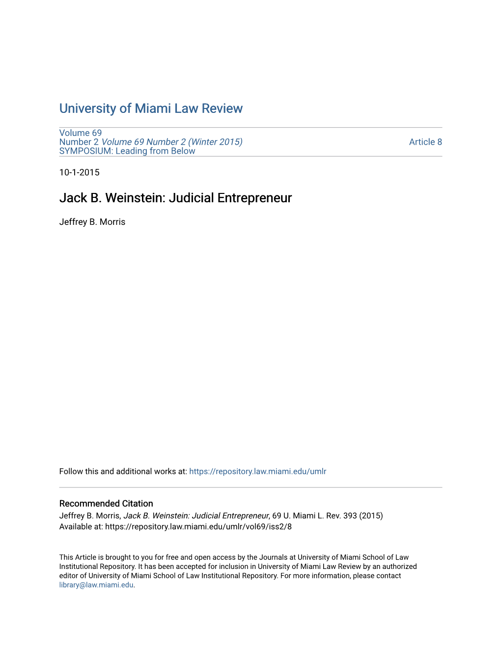 Jack B. Weinstein: Judicial Entrepreneur