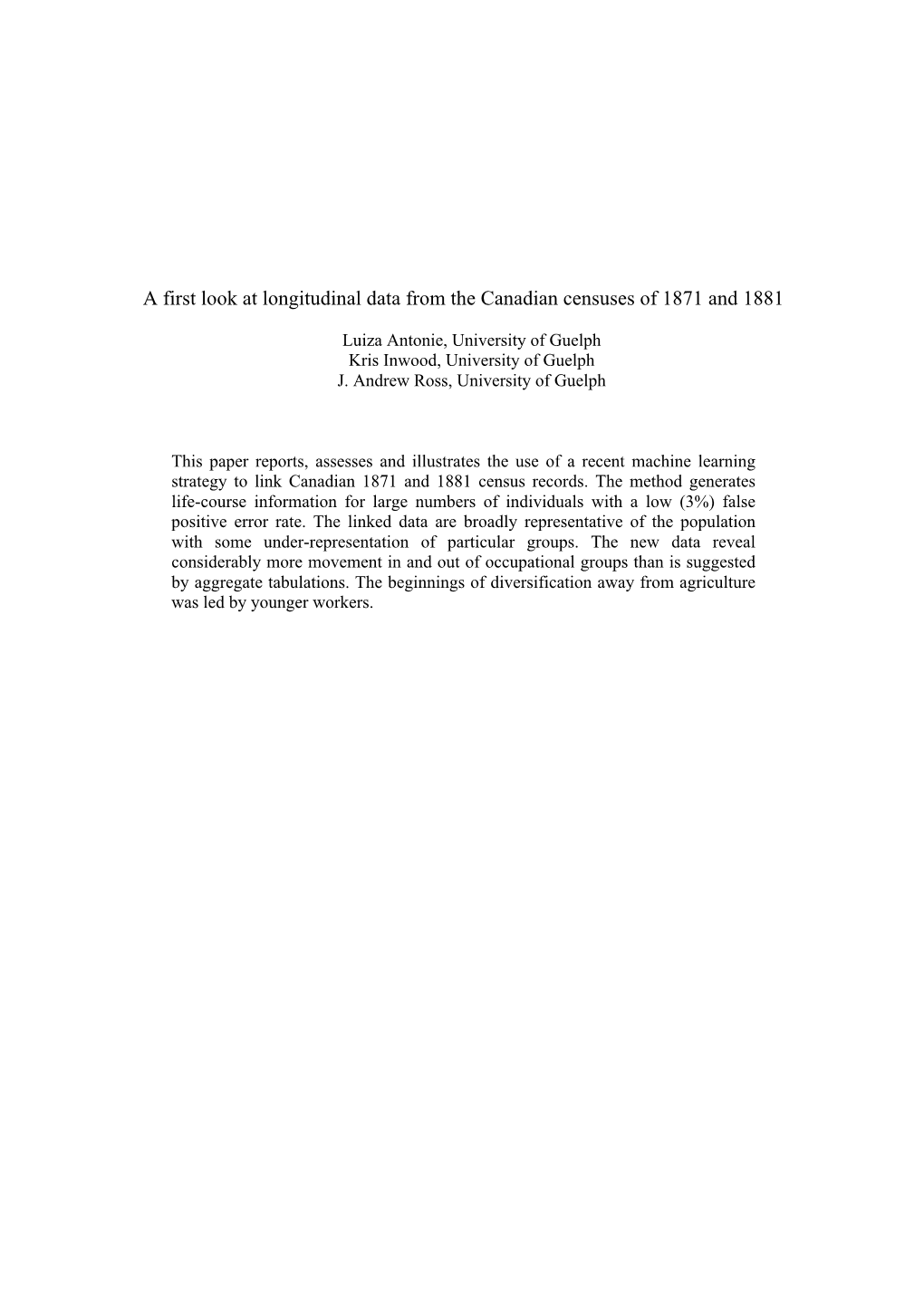 A First Look at Longitudinal Data from the Canadian Censuses of 1871 and 1881