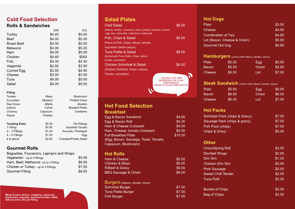 Snack Bar Menu