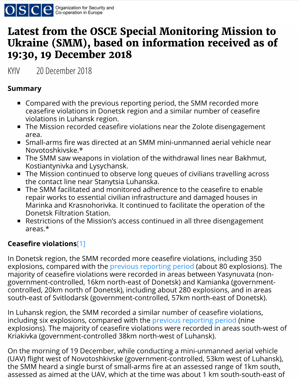 Latest from the OSCE Special Monitoring Mission to Ukraine (SMM), Based on Information Received As of 19:30, 19 December 2018 KYIV 20 December 2018