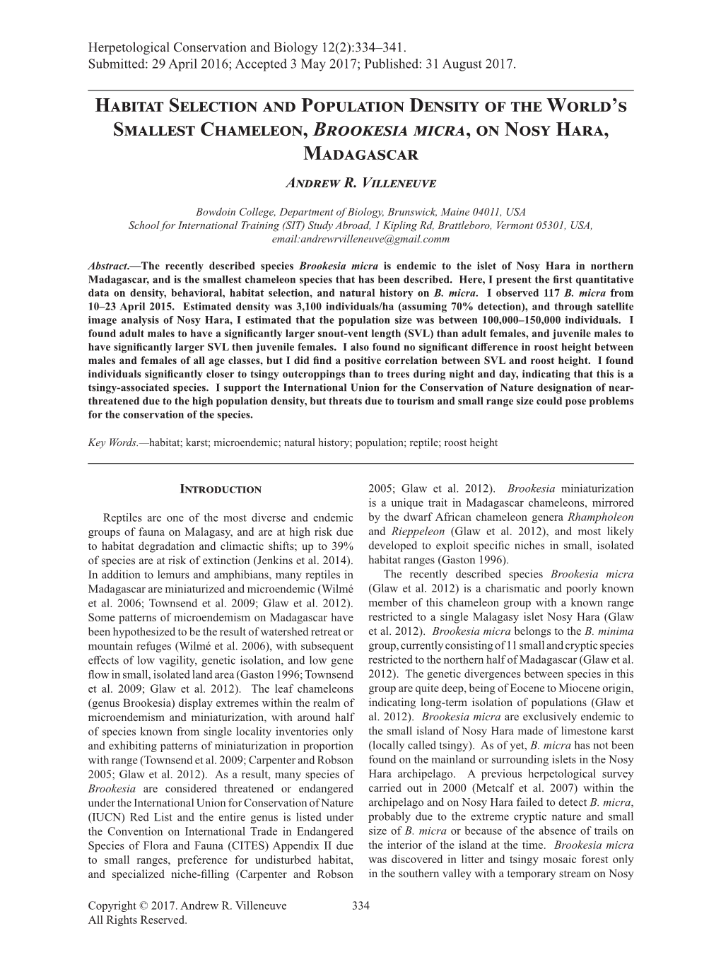 Habitat Selection and Population Density of the World's Smallest Chameleon, Brookesia Micra, on Nosy Hara, Madagascar