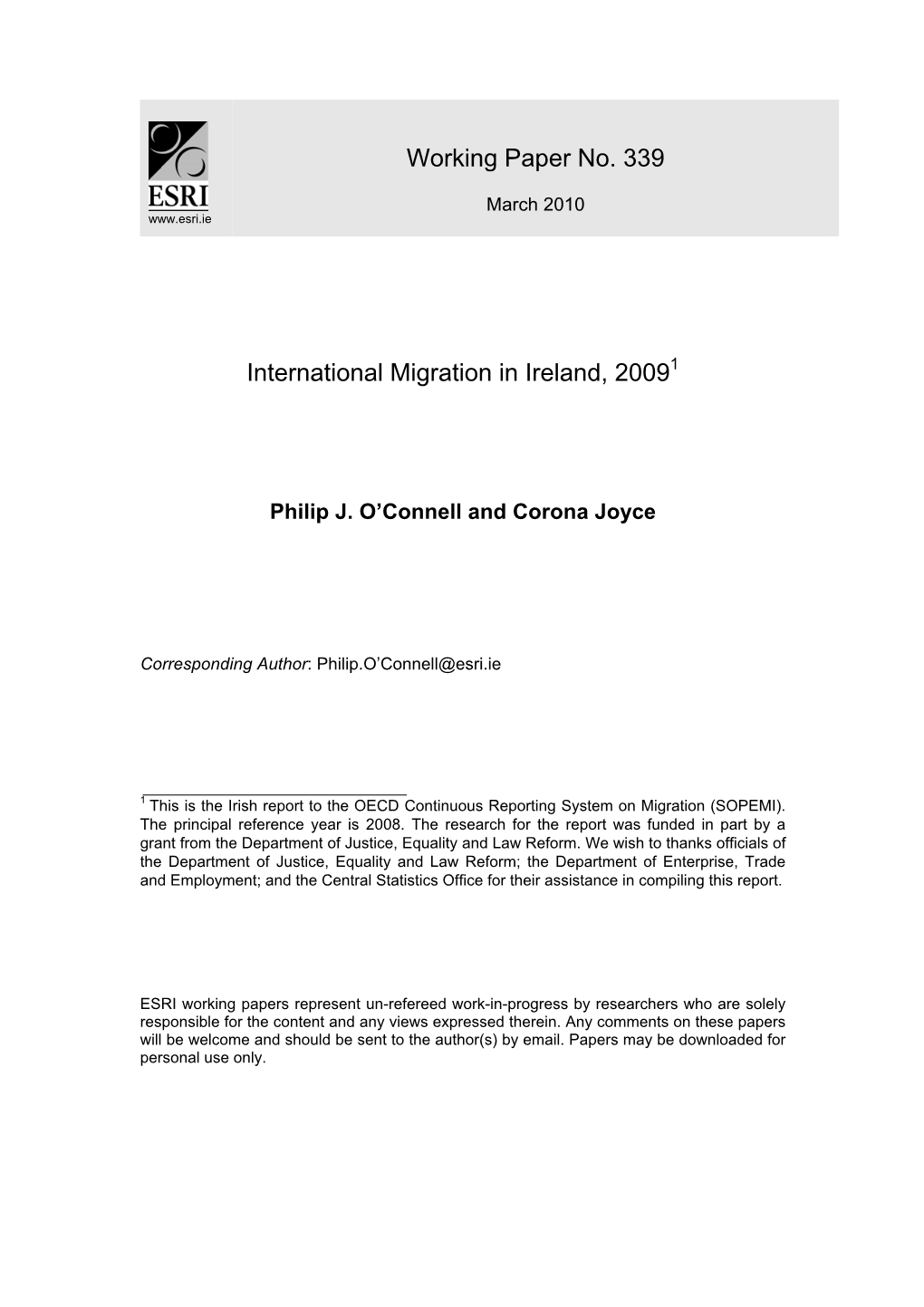 Working Paper No. 339 International Migration in Ireland, 2009