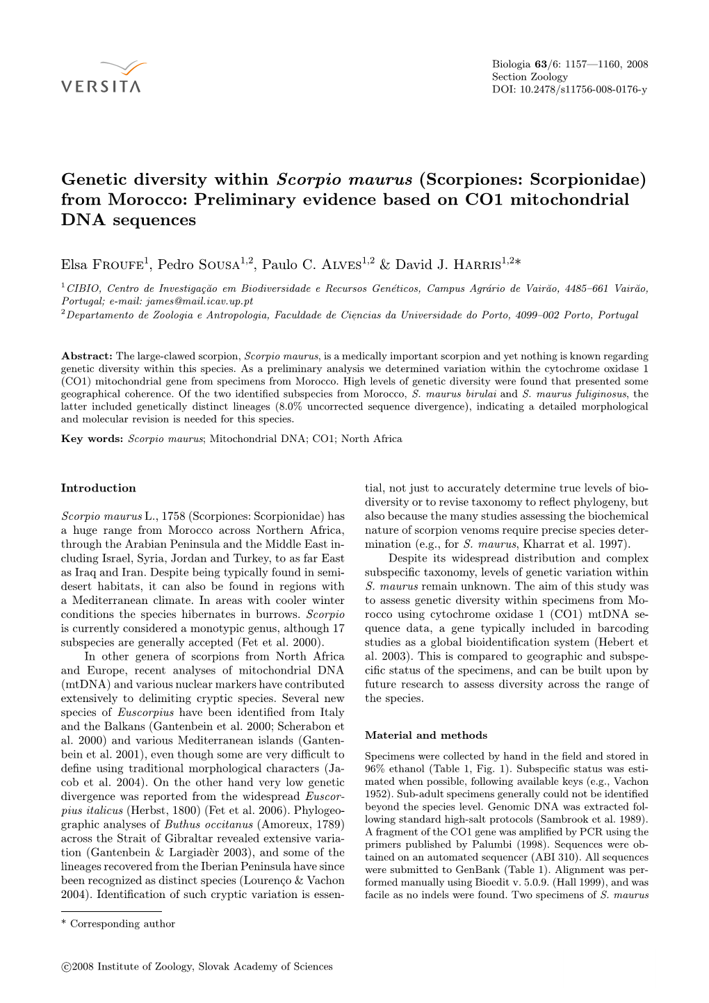 Genetic Diversity Within Scorpio Maurus (Scorpiones: Scorpionidae) from Morocco: Preliminary Evidence Based on CO1 Mitochondrial DNA Sequences