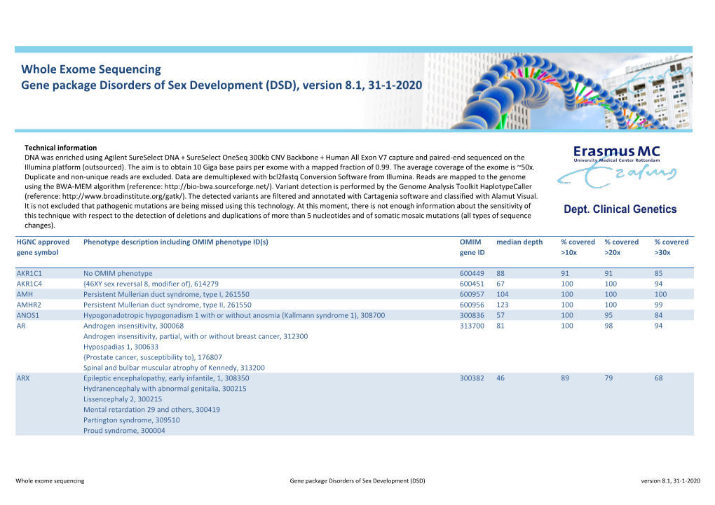 Whole Exome Sequencing Gene Package Disorders of Sex Development (DSD), Version 8.1, 31-1-2020