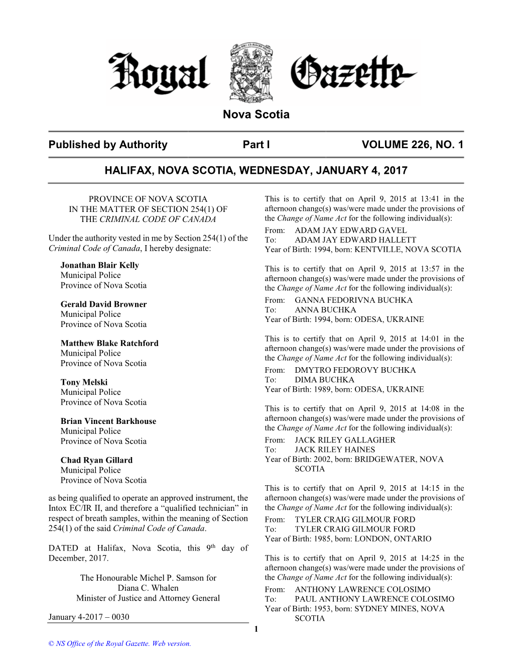 NS Royal Gazette Part I