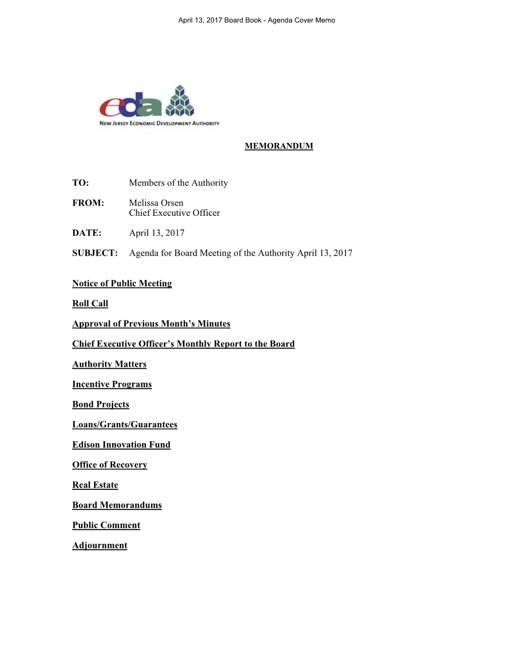 April 13, 2017 SUBJECT: Agenda for Board Meeting