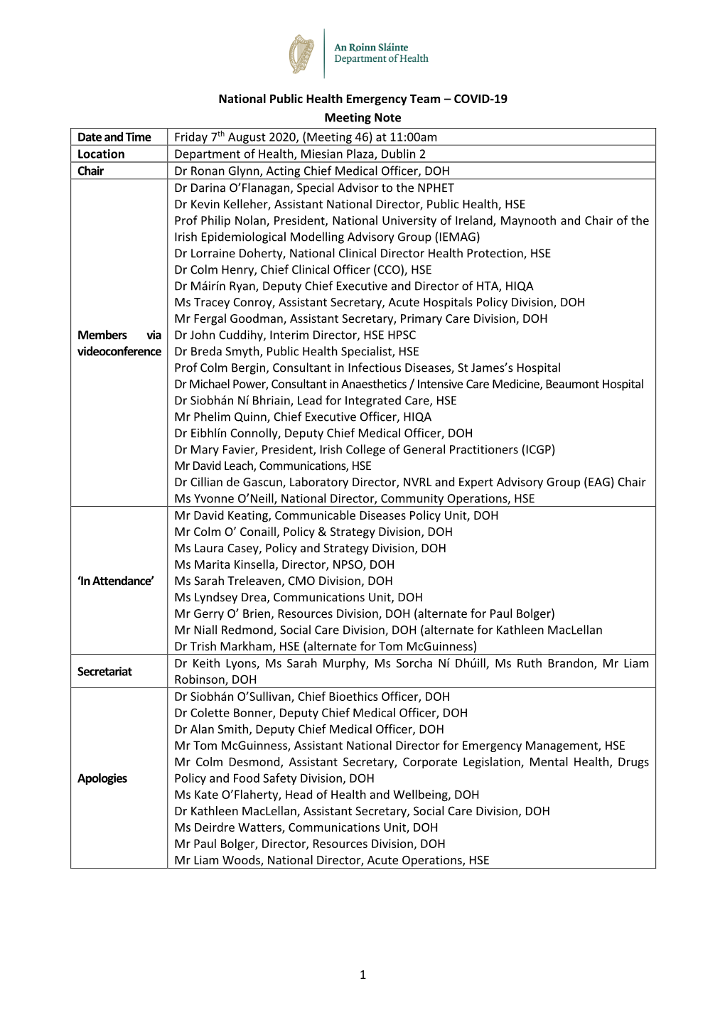 1 National Public Health Emergency Team – COVID-19 Meeting Note