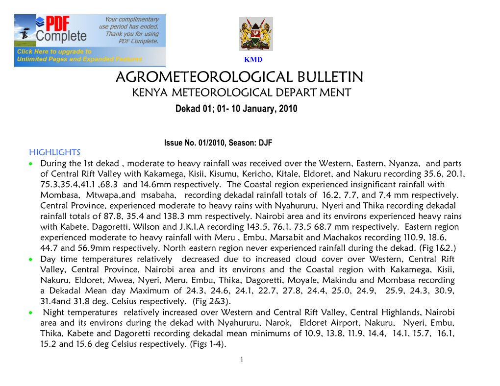 AGROMETEOROLOGICAL BULLETIN KENYA METEOROLOGICAL DEPART MENT Dekad 01; 01- 10 January, 2010