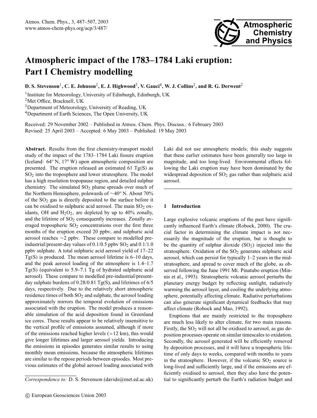 Atmospheric Impact of the 1783–1784 Laki Eruption: Part I Chemistry Modelling