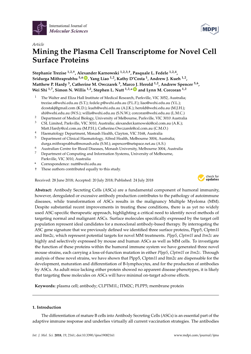 Mining the Plasma Cell Transcriptome for Novel Cell Surface Proteins