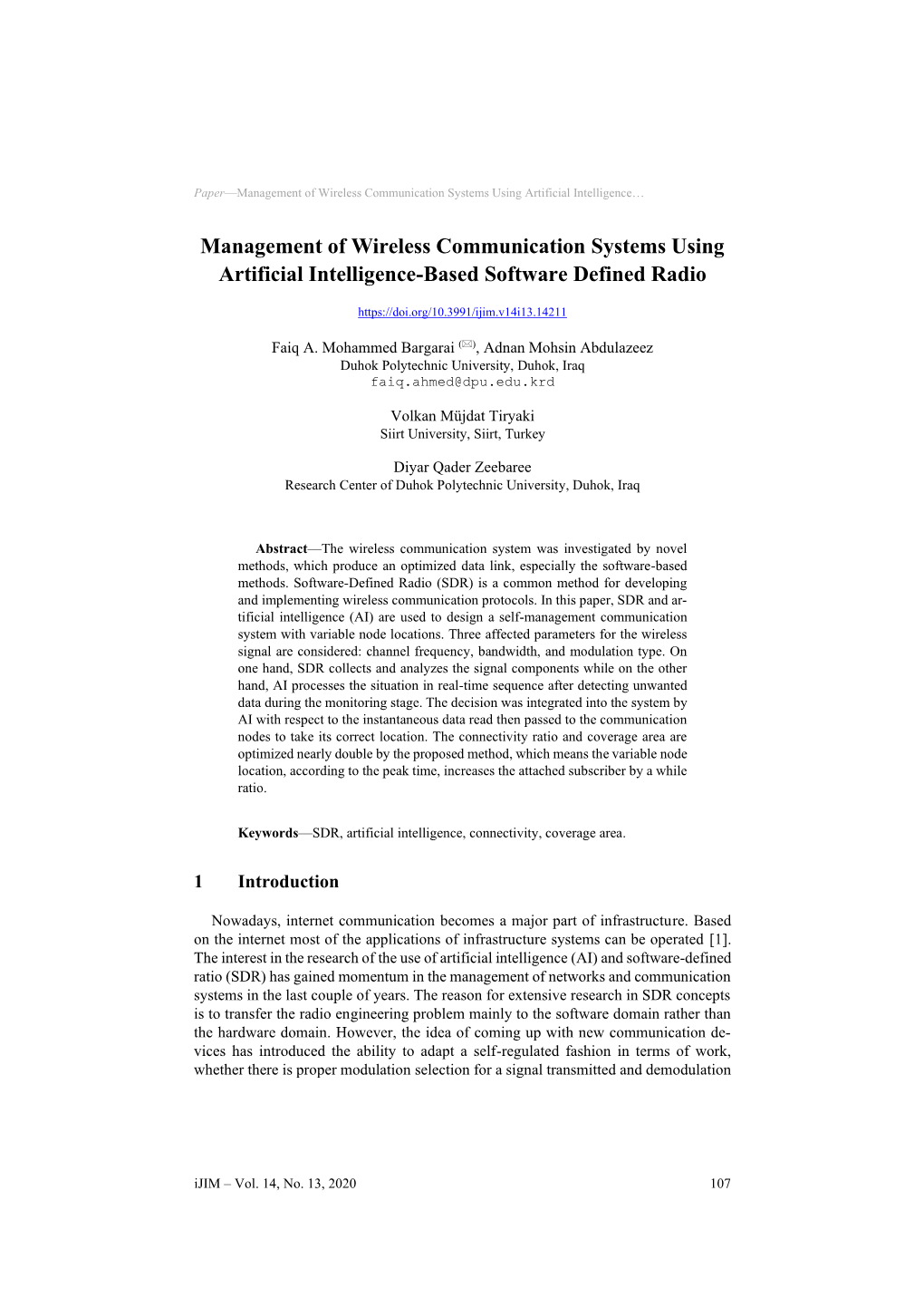 Management of Wireless Communication Systems Using Artificial Intelligence…