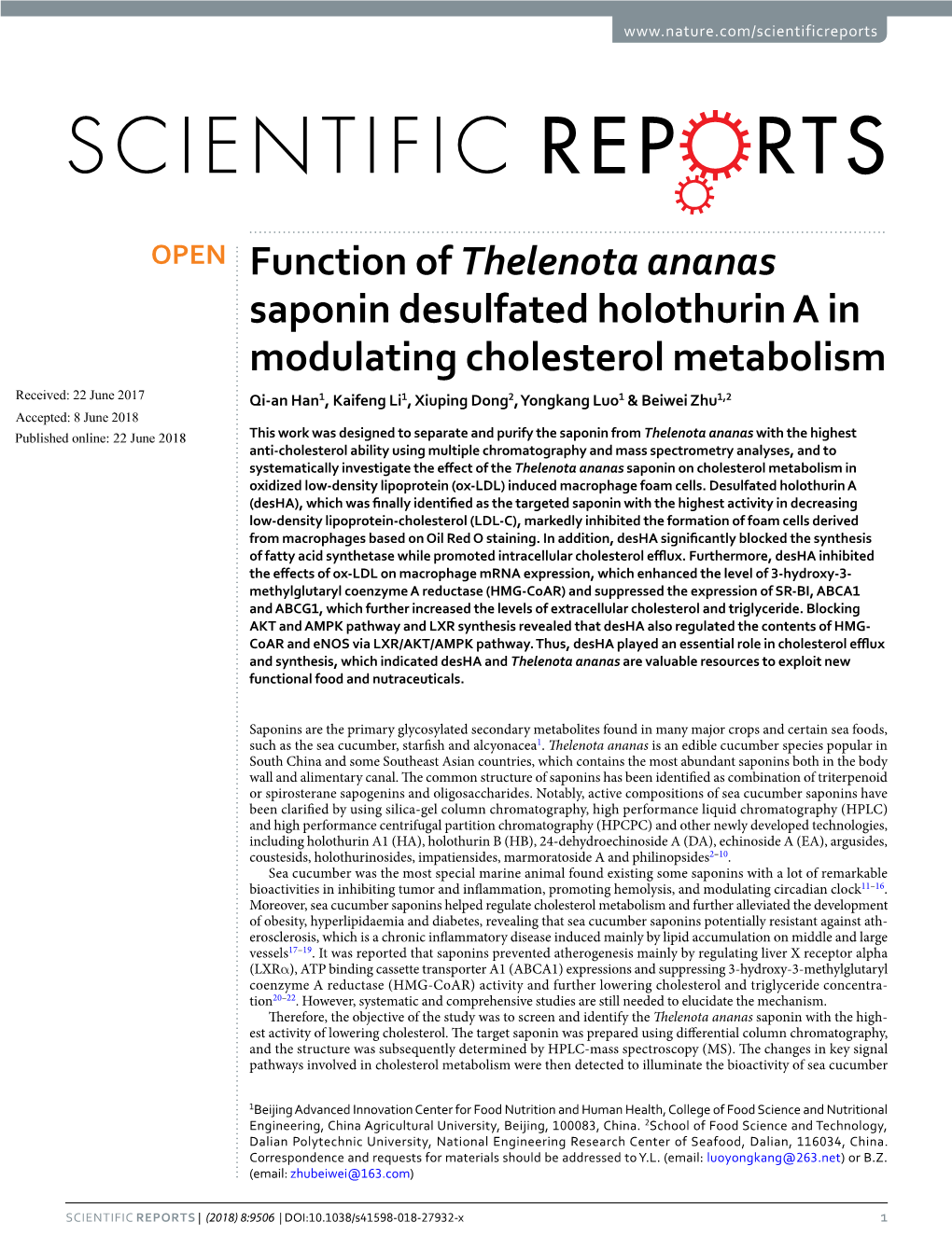 Function of Thelenota Ananas Saponin Desulfated Holothurin a In