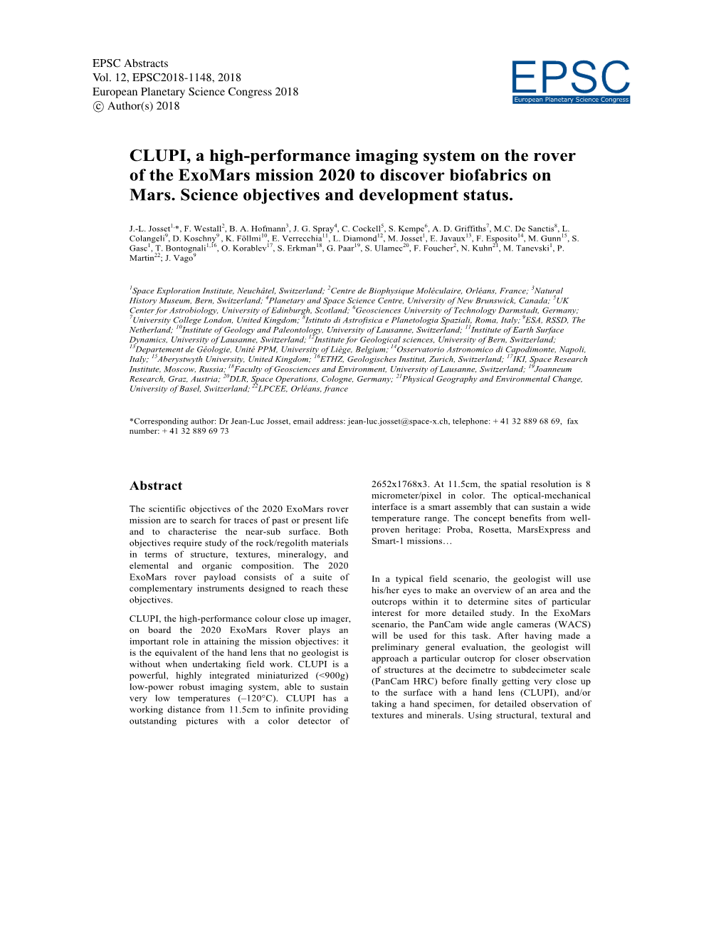 CLUPI, a High-Performance Imaging System on the Rover of the Exomars Mission 2020 to Discover Biofabrics on Mars