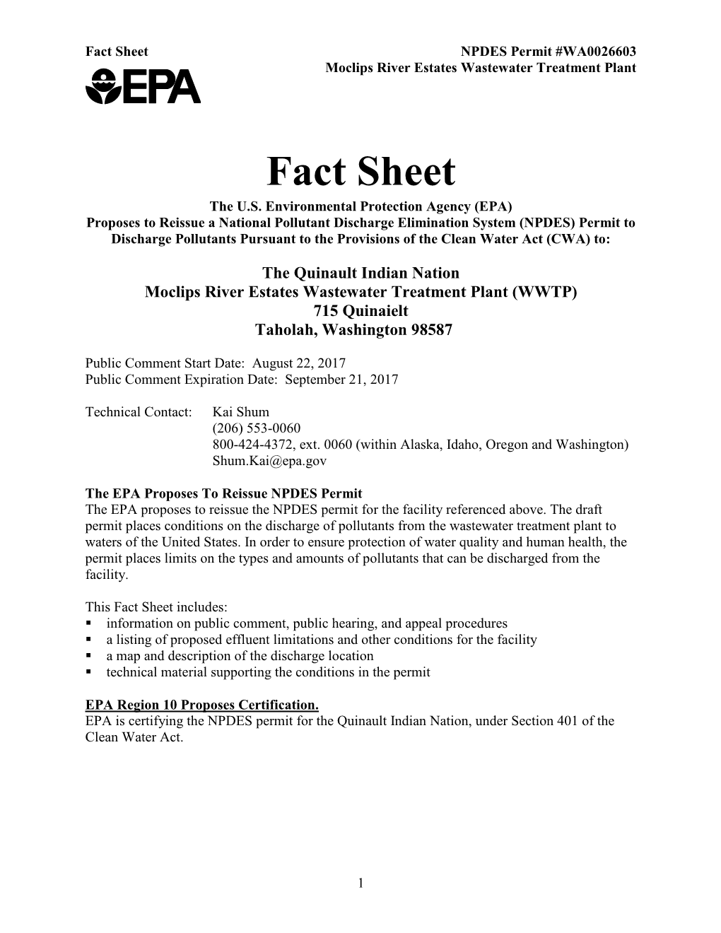 Fact Sheet for the Draft NPDES Permit for Moclips River Estates