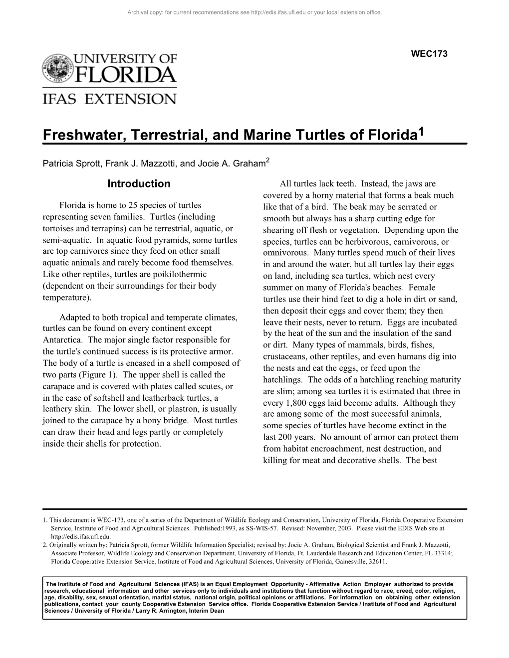 Freshwater, Terrestrial, and Marine Turtles of Florida1