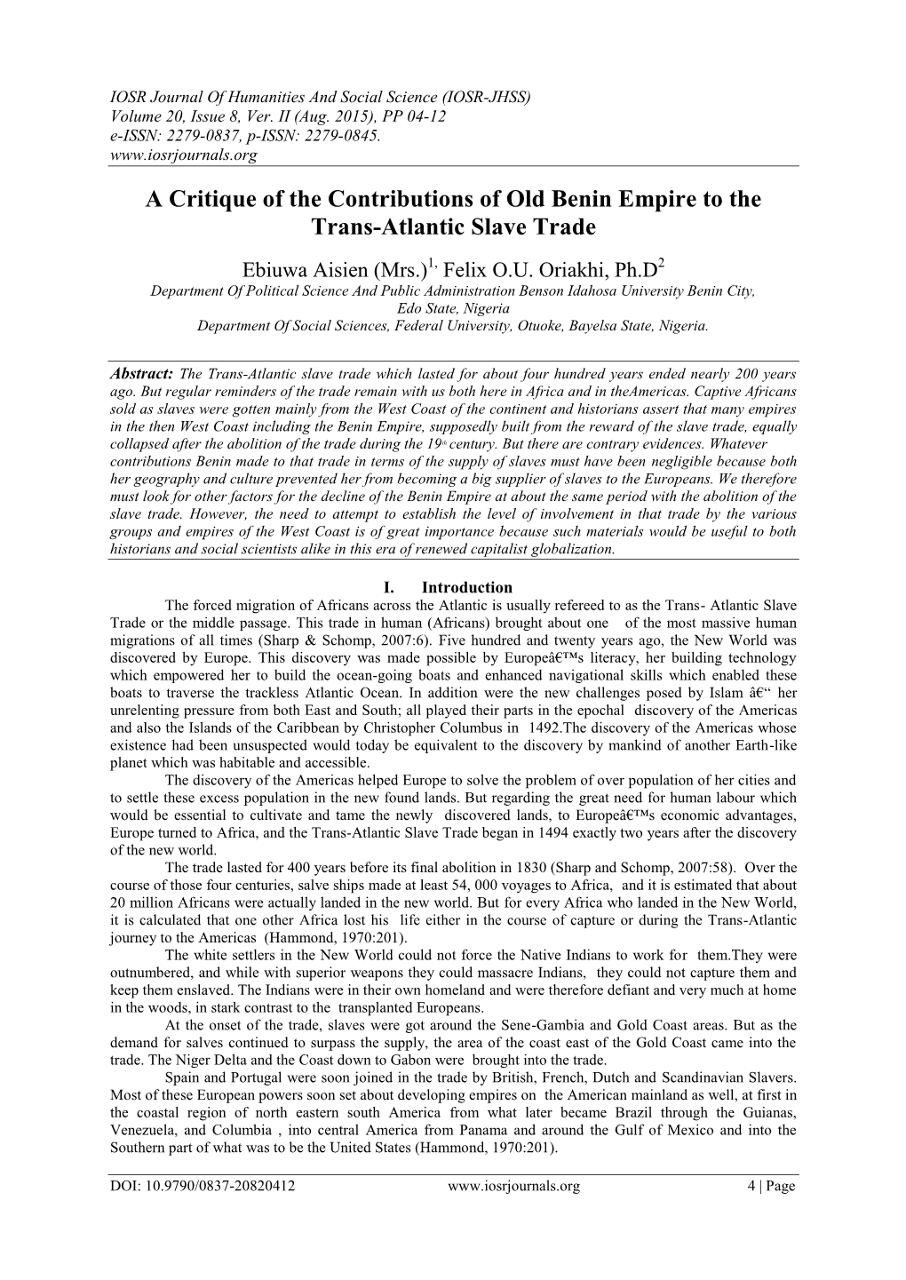 A Critique of the Contributions of Old Benin Empire to the Trans-Atlantic Slave Trade