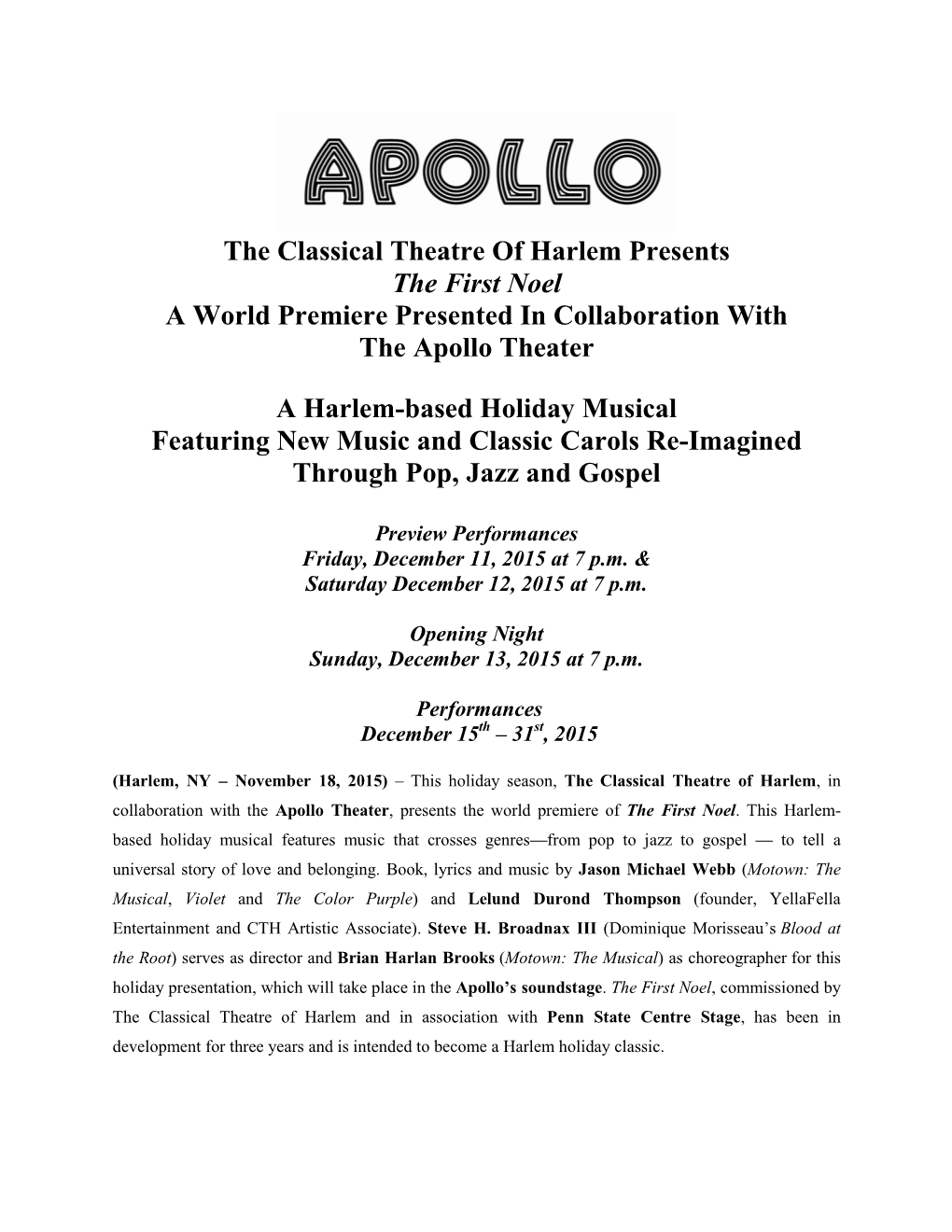 The Classical Theatre of Harlem Presents the First Noel a World Premiere Presented in Collaboration with the Apollo Theater