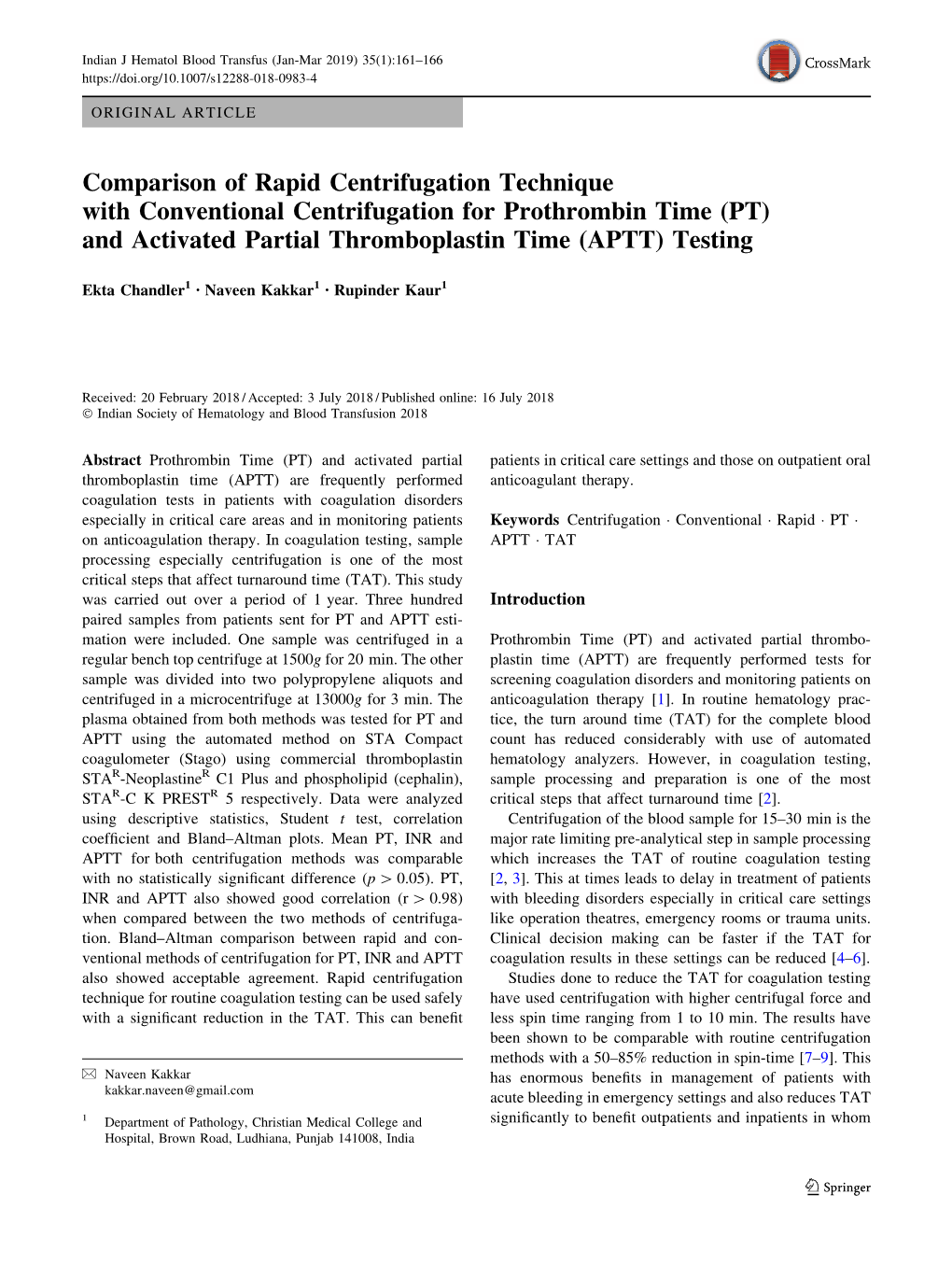 Comparison of Rapid Centrifugation Technique with Conventional Centrifugation for Prothrombin Time (PT) and Activated Partial Thromboplastin Time (APTT) Testing