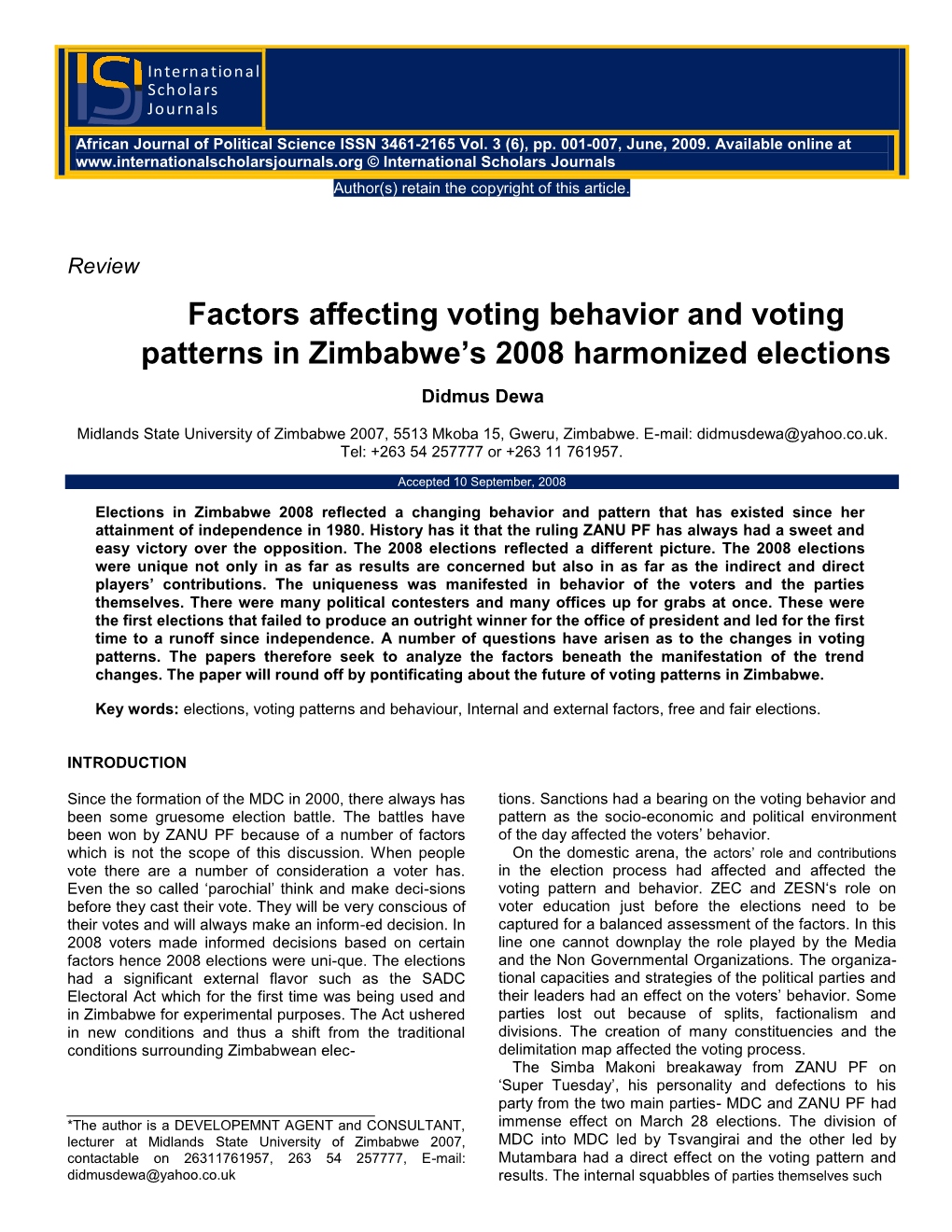 Factors Affecting Voting Behavior and Voting Patterns in Zimbabwe???