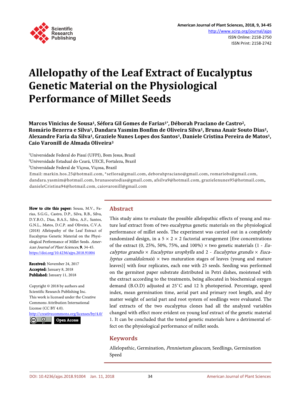 Allelopathy of the Leaf Extract of Eucalyptus Genetic Material on the Physiological Performance of Millet Seeds