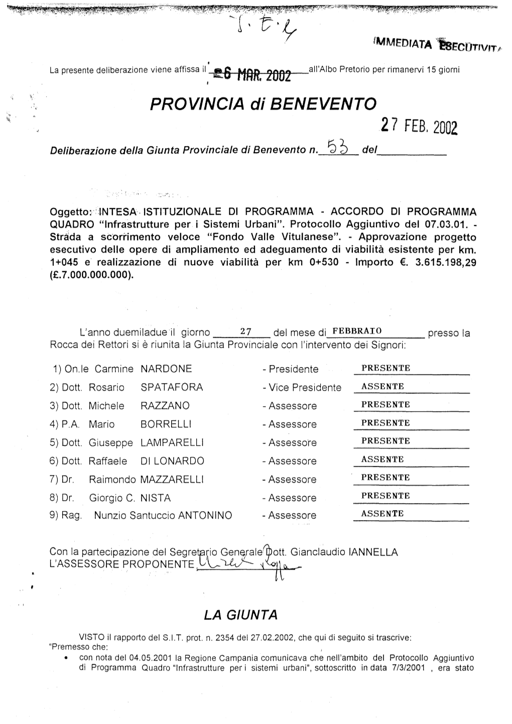 27 FEBI 2002 Deliberazione Della Giunta Provinciale Di Benevento N