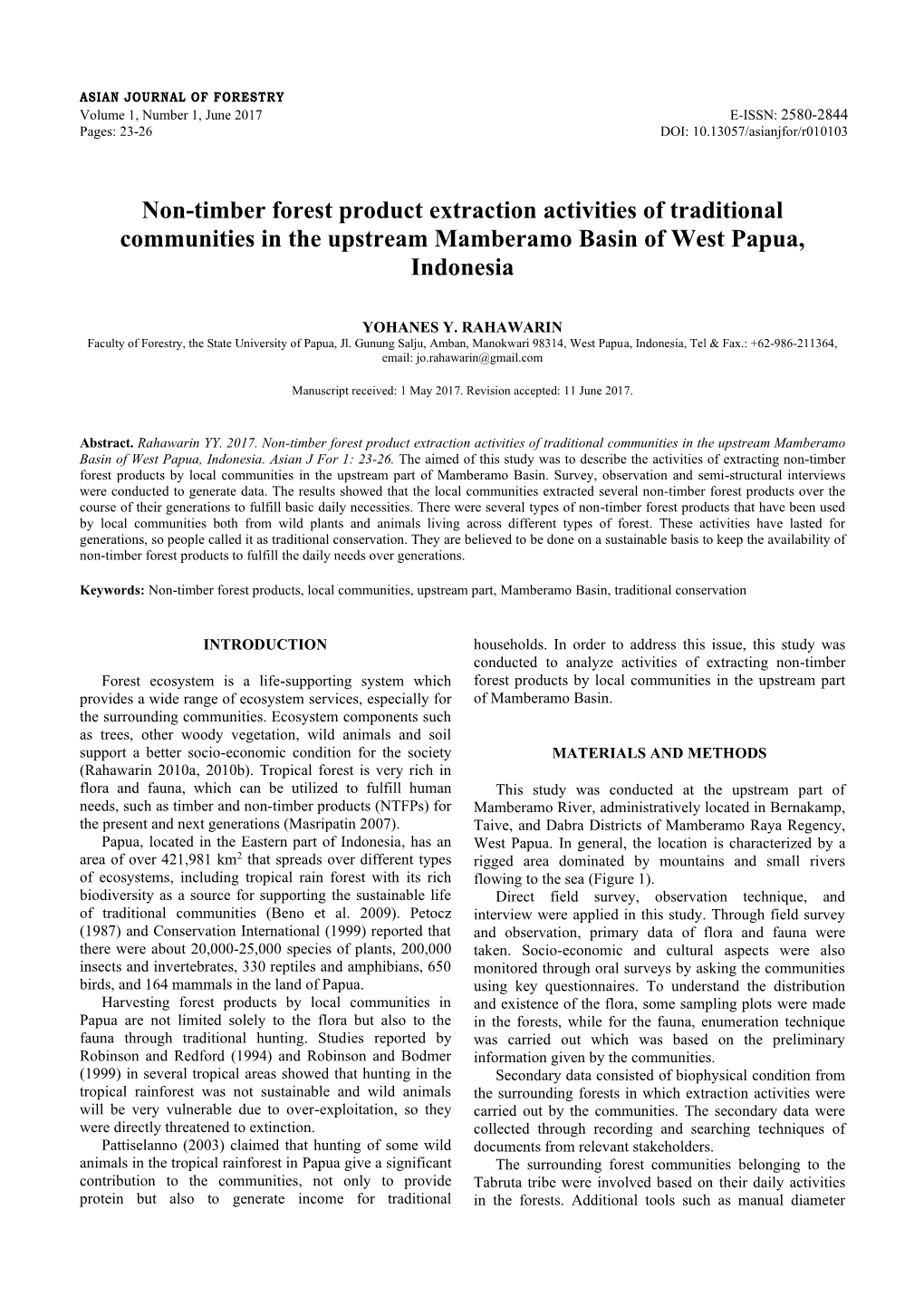 Non-Timber Forest Product Extraction Activities of Traditional Communities in the Upstream Mamberamo Basin of West Papua, Indonesia