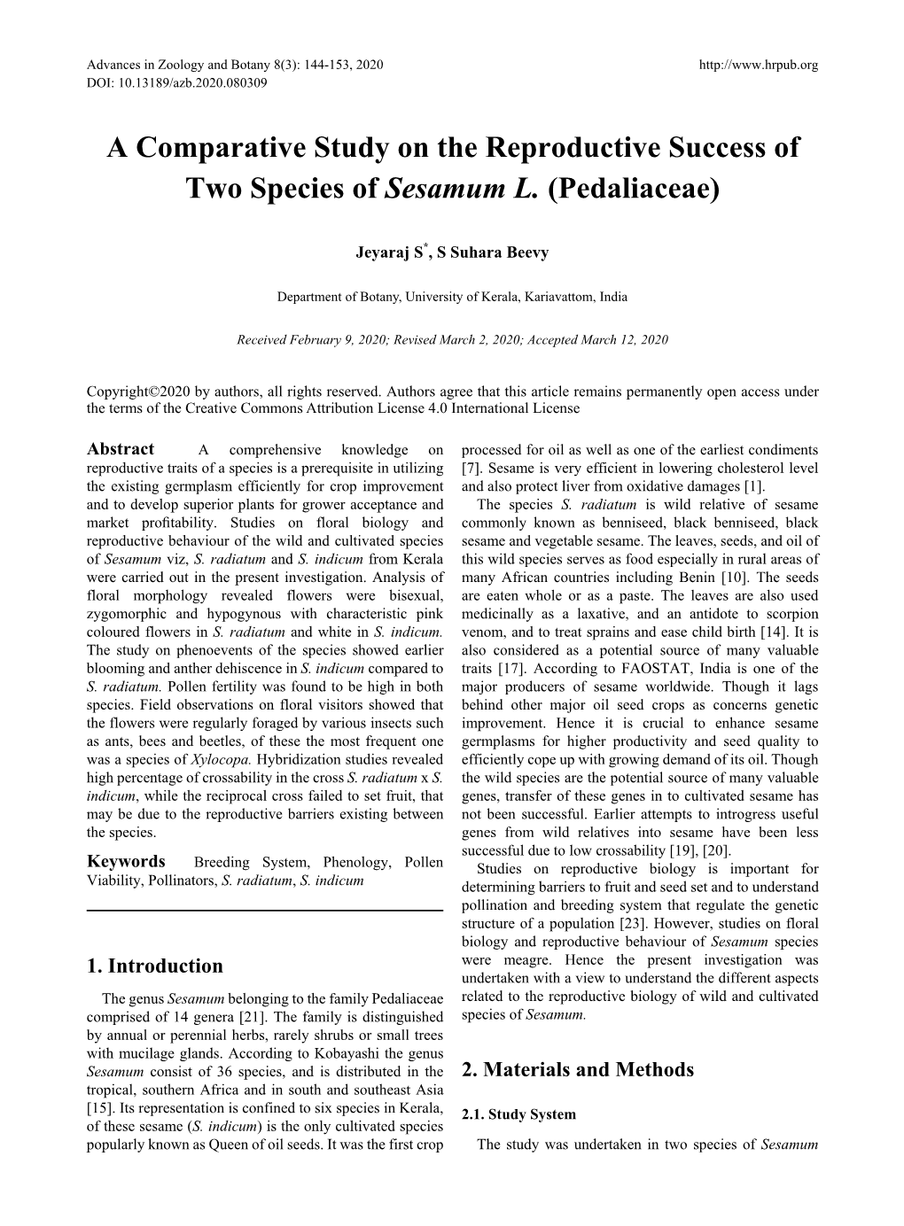 A Comparative Study on the Reproductive Success of Two Species of Sesamum L. (Pedaliaceae)