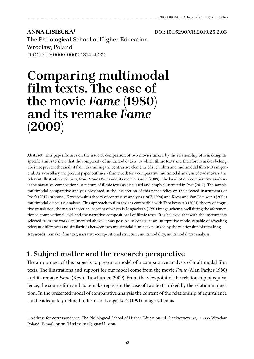 Comparing Multimodal Film Texts. the Case of the Movie Fame (1980) and Its Remake Fame (2009)