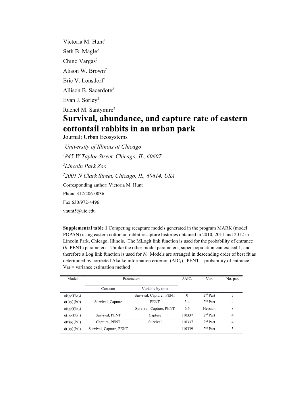 Survival, Abundance, and Capture Rate of Eastern Cottontail Rabbits in an Urban Park