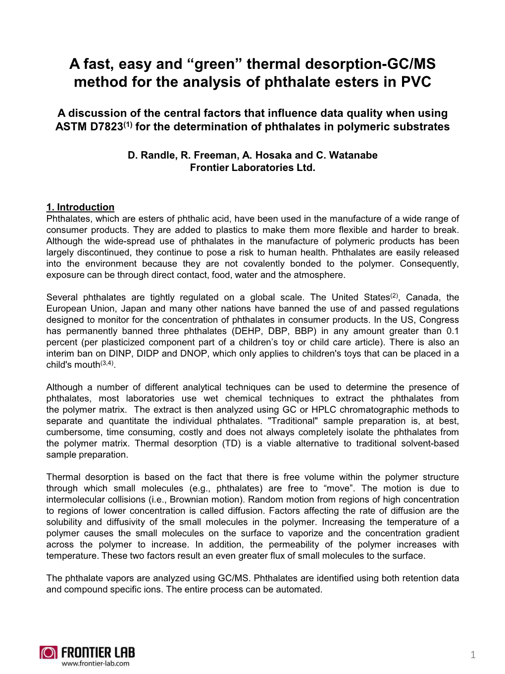 Thermal Desorption-GC/MS Method for the Analysis of Phthalate Esters in PVC