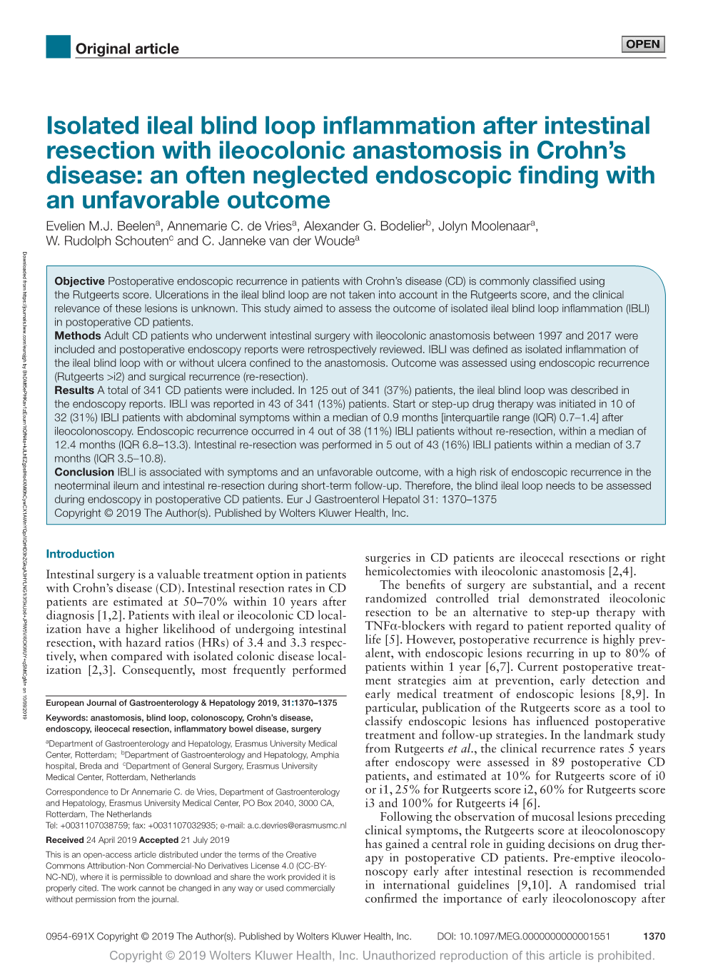 Isolated Ileal Blind Loop Inflammation After Intestinal Resection with Ileocolonic Anastomosis in Crohn's Disease