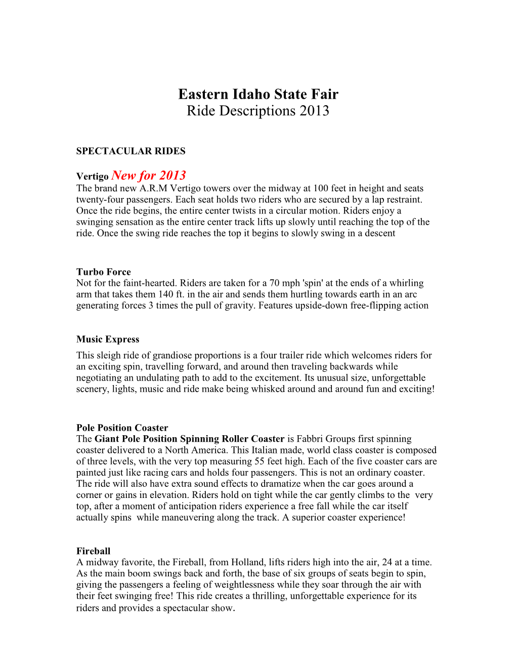 Eastern Idaho State Fair Ride Descriptions 2013