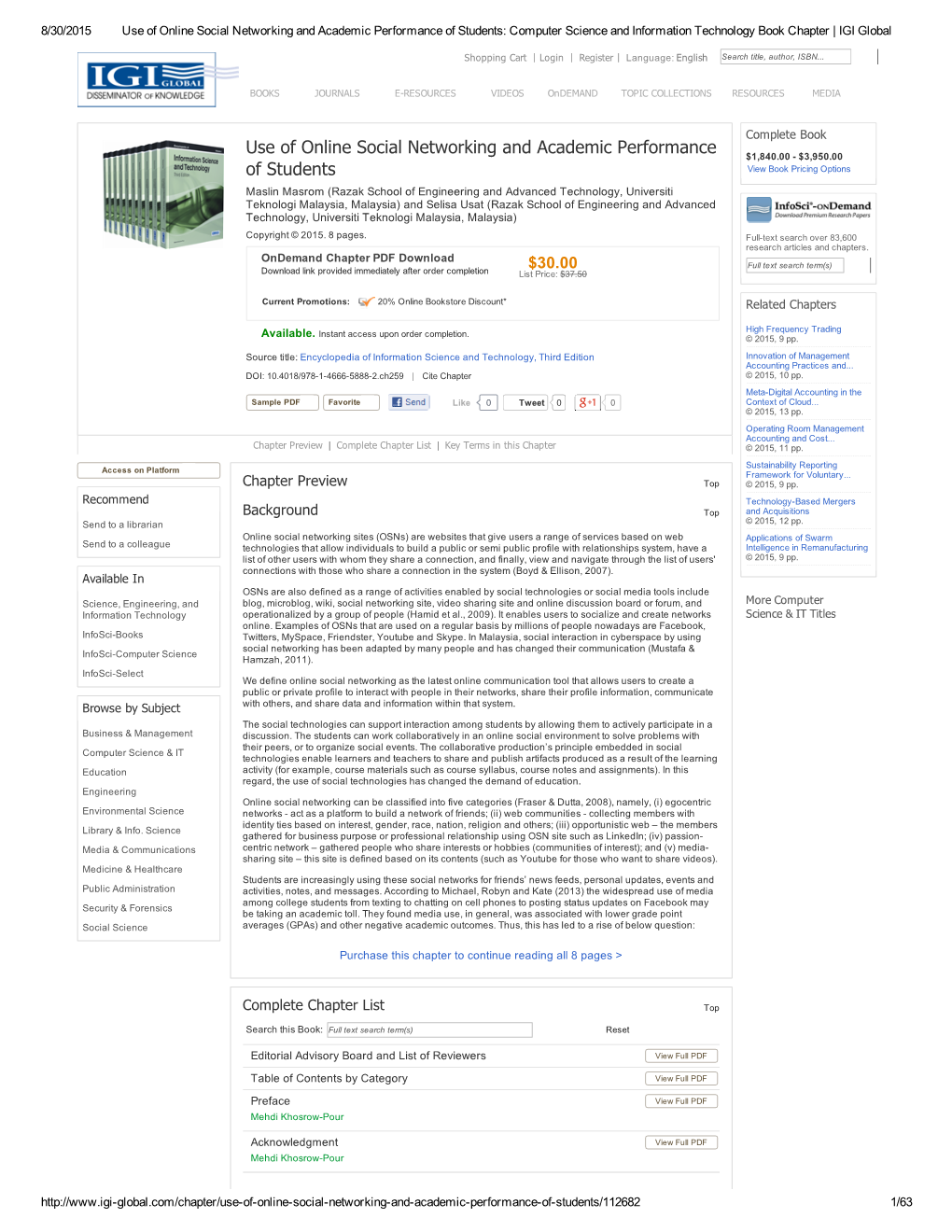 Use of Online Social Networking and Academic Performance of Students: Computer Science and Information Technology Book Chapter | IGI Global