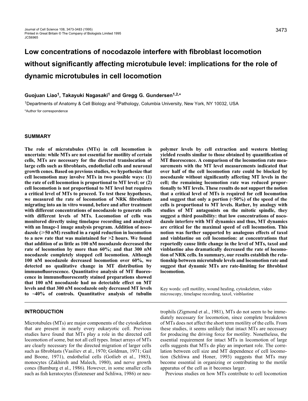 Low Concentrations of Nocodazole Interfere with Fibroblast Locomotion